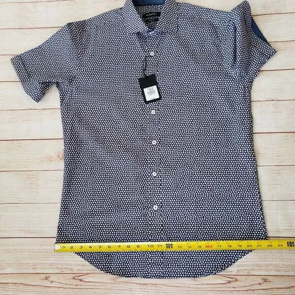 Bugatchi Short Sleeve Button Front Shirt Men's Size Medium Navy Blue Red White